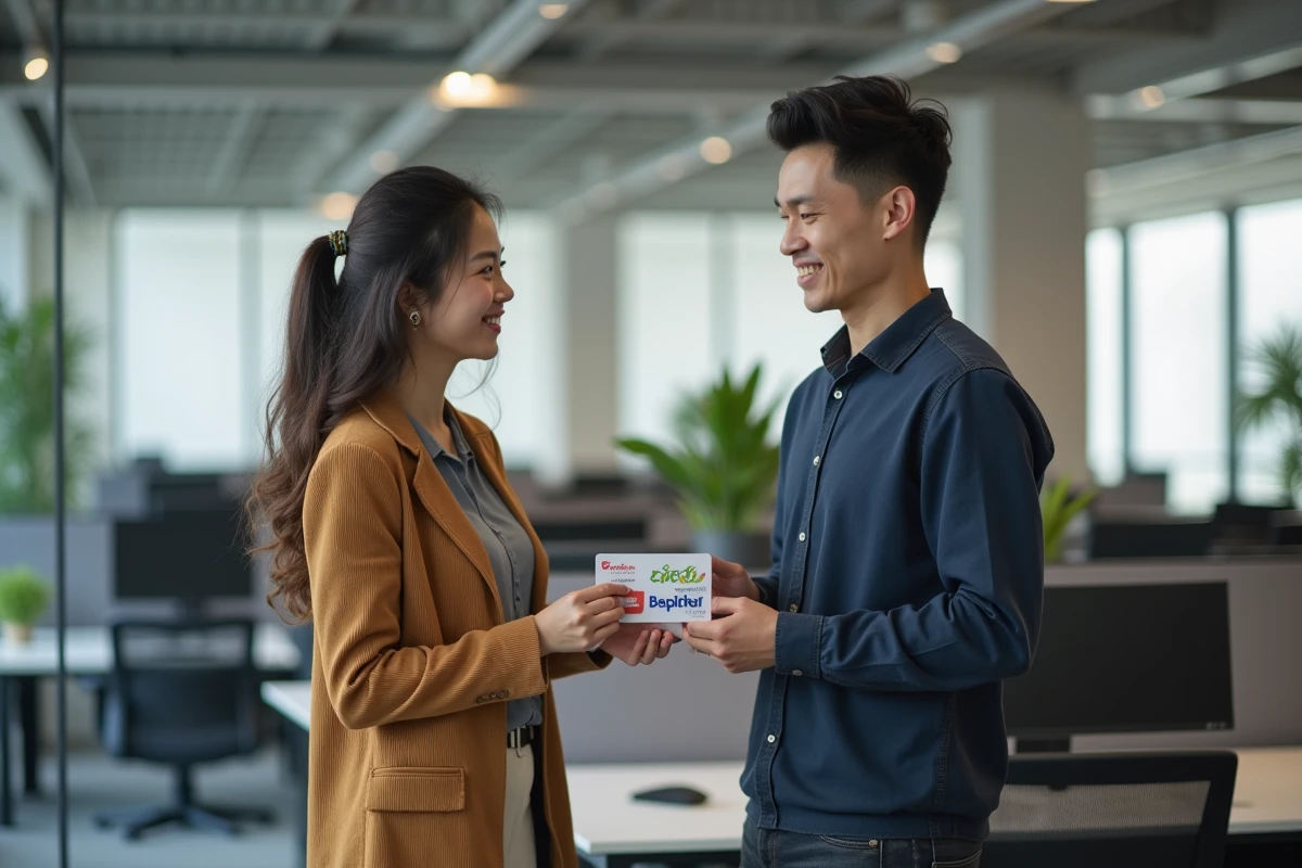 Deux collègues échangeant une carte avantage Bimpli CADO dans un bureau moderne