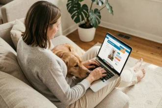 Femme comparant des assurances pour chien sur un ordinateur portable avec son golden retriever posé sur ses genoux dans un salon