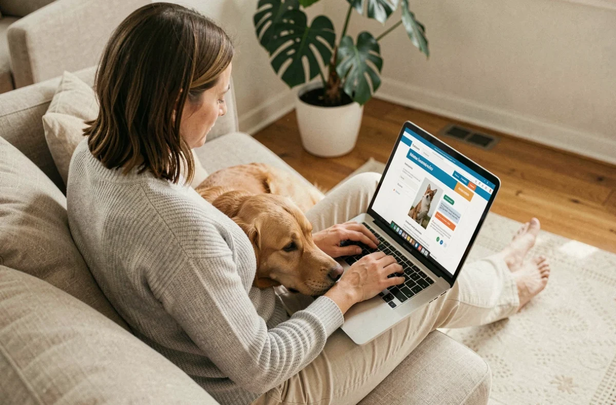 Femme comparant des assurances pour chien sur un ordinateur portable avec son golden retriever posé sur ses genoux dans un salon