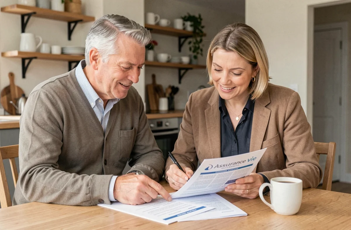 Couple de quinquagénaires comparant des offres d'assurance vie à domicile pour choisir la meilleure banque