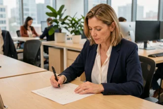 Comptable annotant un calendrier fiscal 2026 dans un bureau moderne, illustrant les dates d'acomptes IS