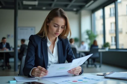 Comptable femme en bureau parisien analysant des feuilles de calcul financières