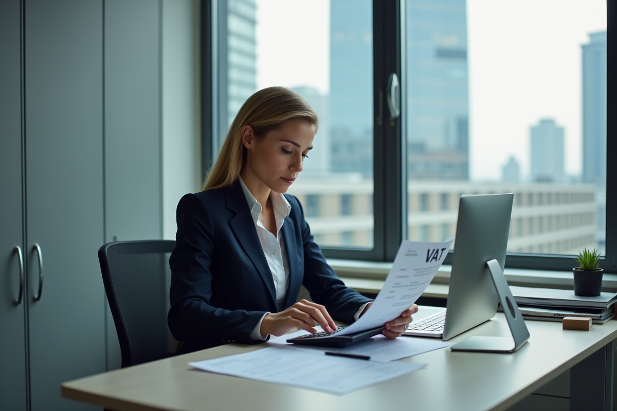 Femme comptable au bureau utilisant une calculatrice et un document TVA