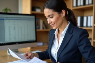 Comptable analysant des libellés de paiement dans des écritures comptables imprimées sur un bureau en bois