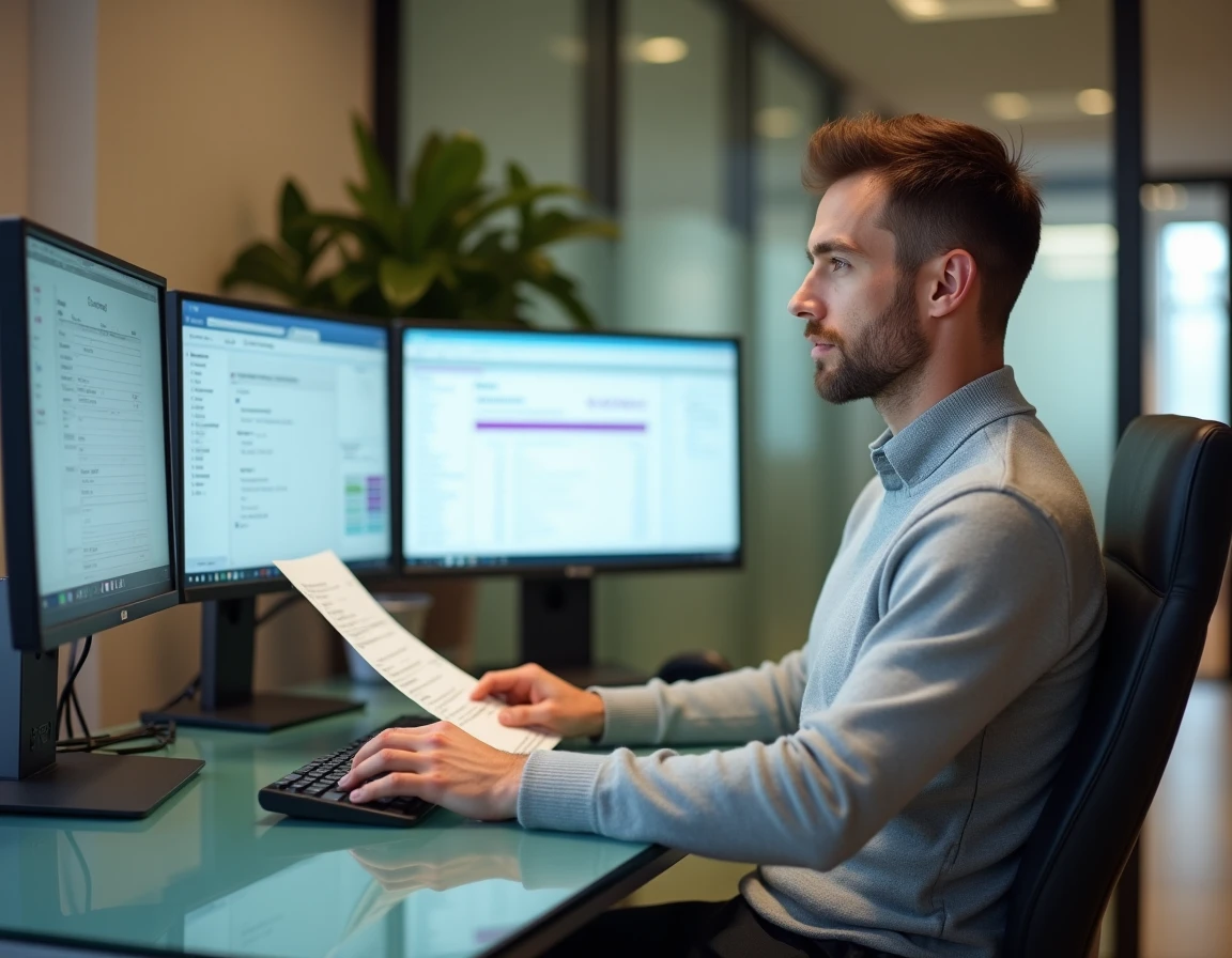Comptable masculin travaillant sur un logiciel comptable affichant des libellés de moyens de paiement sur écran double