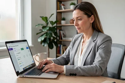 Femme connectée à son espace client Caisse d'Epargne sur ordinateur portable dans un bureau à domicile