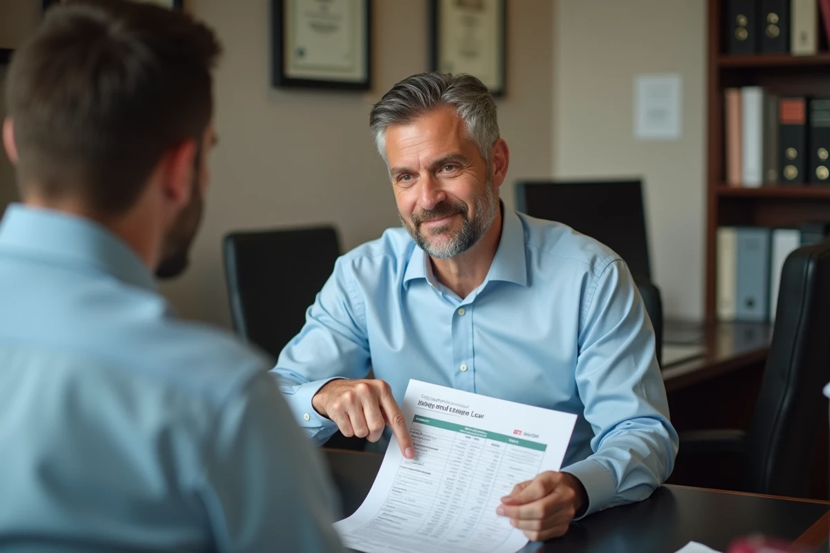 Conseiller bancaire expliquant les avantages du livret LEL pour un premier achat immobilier à un client