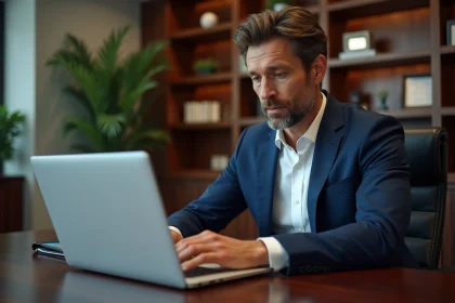 Conseiller en banque privée BNP consultant les comptes et opérations sur un tableau de bord bancaire en ligne