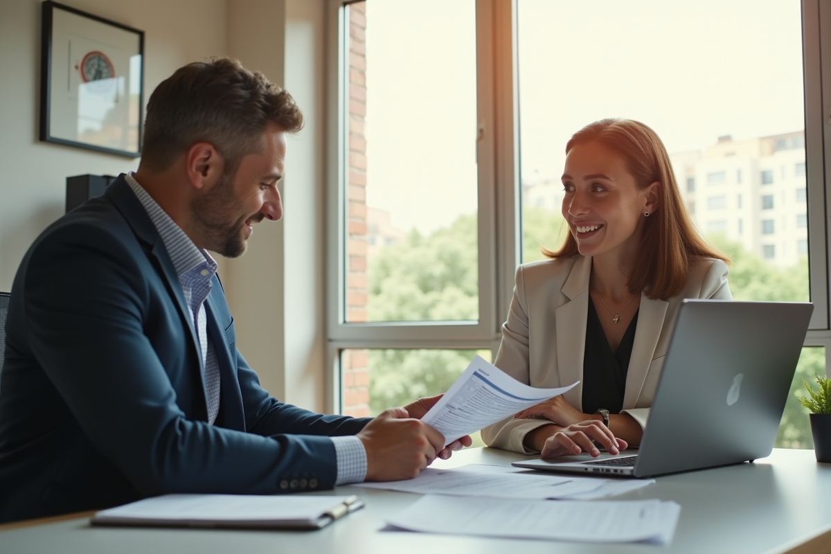 Conseiller financier discutant avec un client dans un bureau lumineux