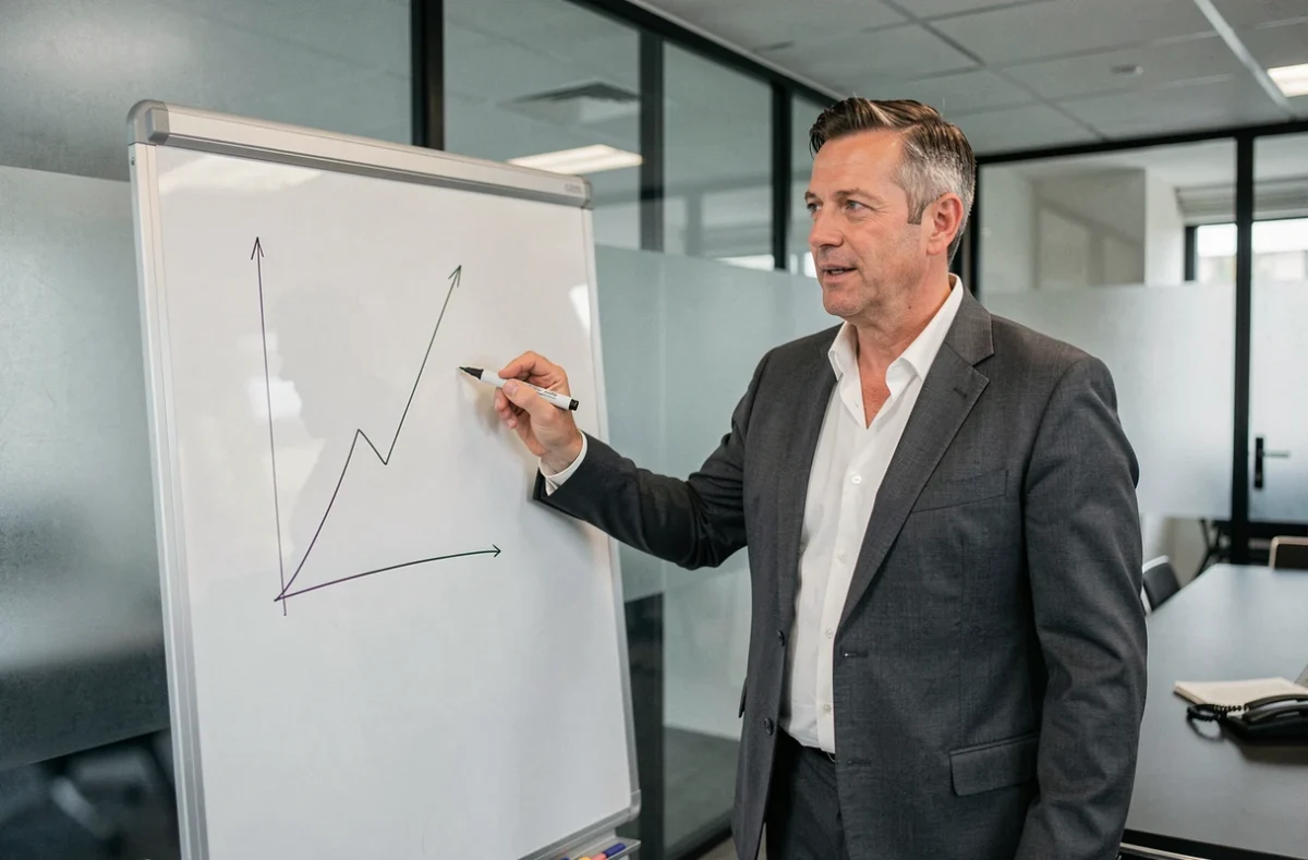 Conseiller financier expliquant une courbe d'inflation prévisionnelle sur tableau blanc dans une agence bancaire pour orienter les stratégies d'épargne 2026