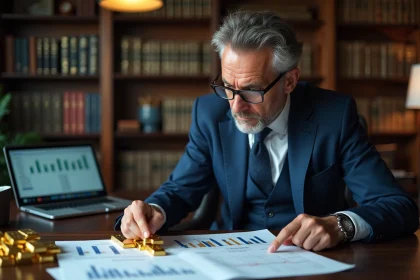 Conseiller financier examinant des documents fiscaux sur l'or 24 carats avec des lingots dorés posés sur un bureau en bois
