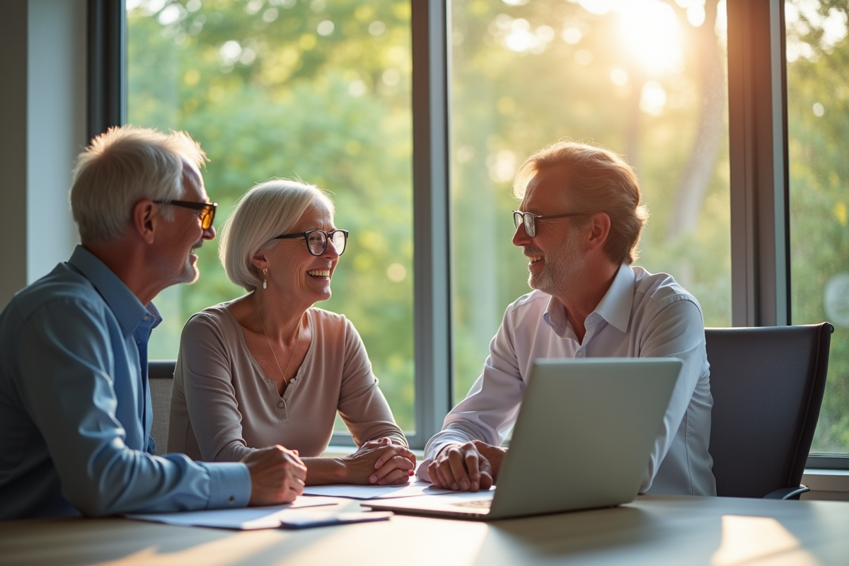 Conseiller retraite et couple dans un bureau lumineux
