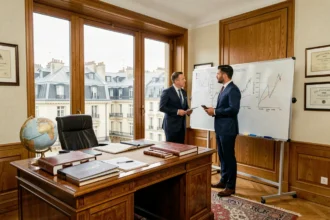 Bureau de conseil en gestion de patrimoine à Paris avec vue sur les toits haussmanniens et deux conseillers en costume discutant de stratégies d'investissement