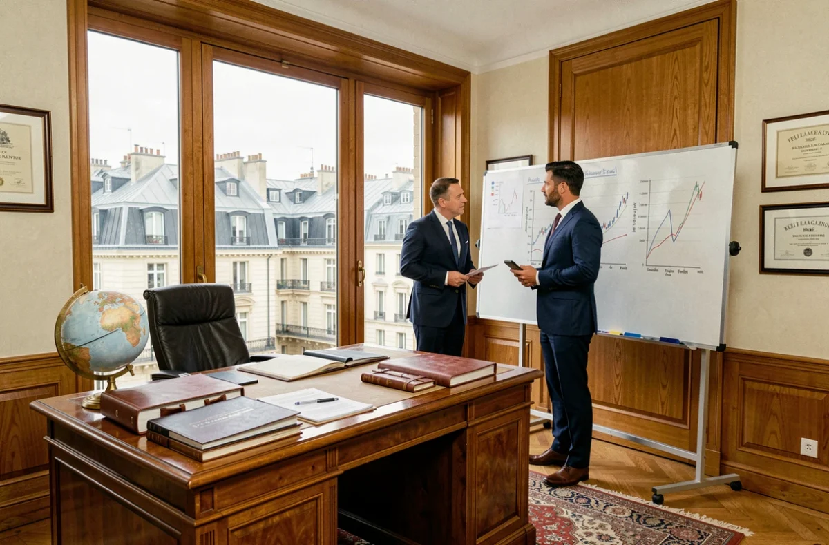 Bureau de conseil en gestion de patrimoine à Paris avec vue sur les toits haussmanniens et deux conseillers en costume discutant de stratégies d'investissement