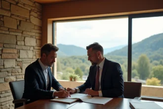 Conseillers en gestion de patrimoine dans le Puy-de-Dôme examinant des documents financiers avec vue sur le volcan