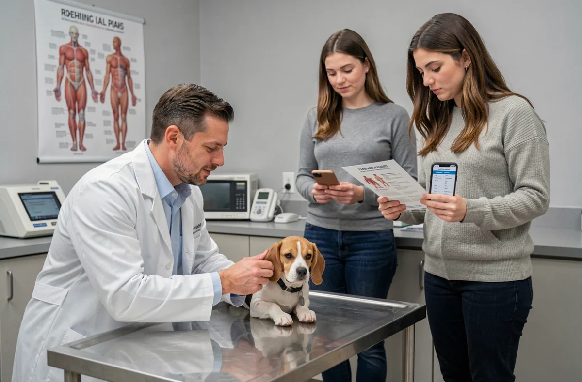 Couple consultant un vétérinaire avec un document d'assurance chien dans une clinique vétérinaire moderne