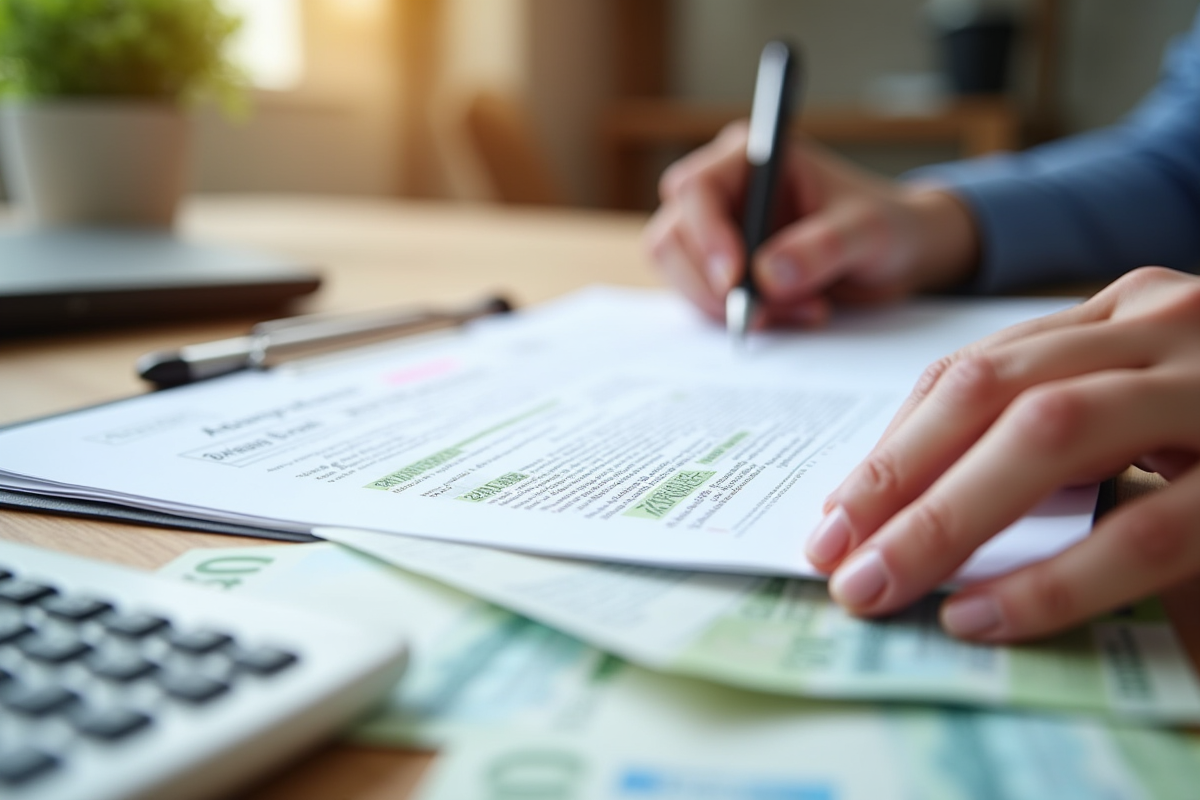 Mains tenant un contrat de prêt avec euros et calculatrice