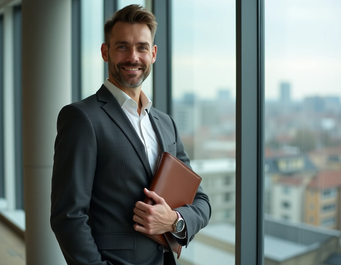 Corentin Feret, conseiller en gestion de patrimoine à Clermont-Ferrand, posant dans son bureau moderne