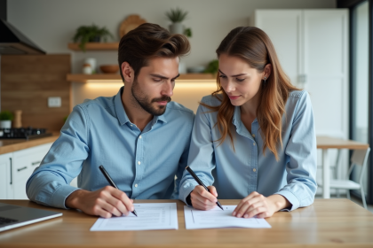 Jeune couple regardant des documents de prêt immobilier
