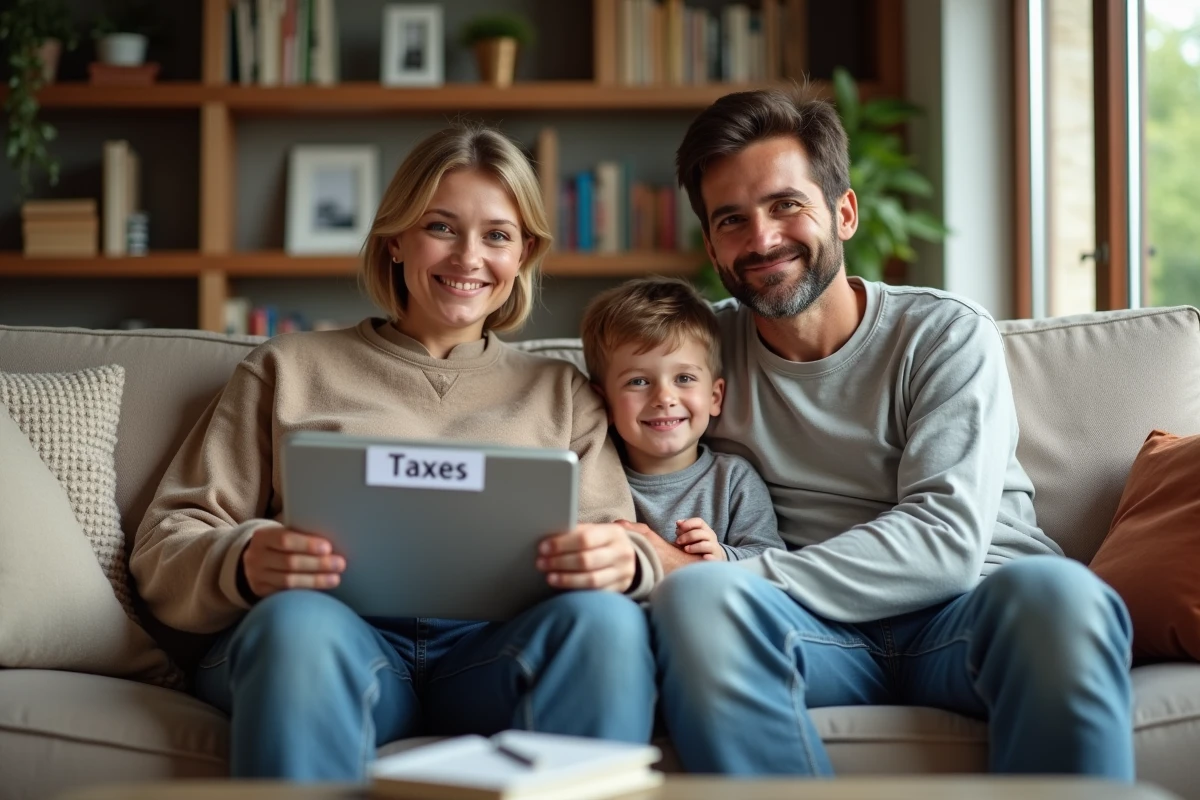 Couple avec leur adolescent préparant la déclaration fiscale