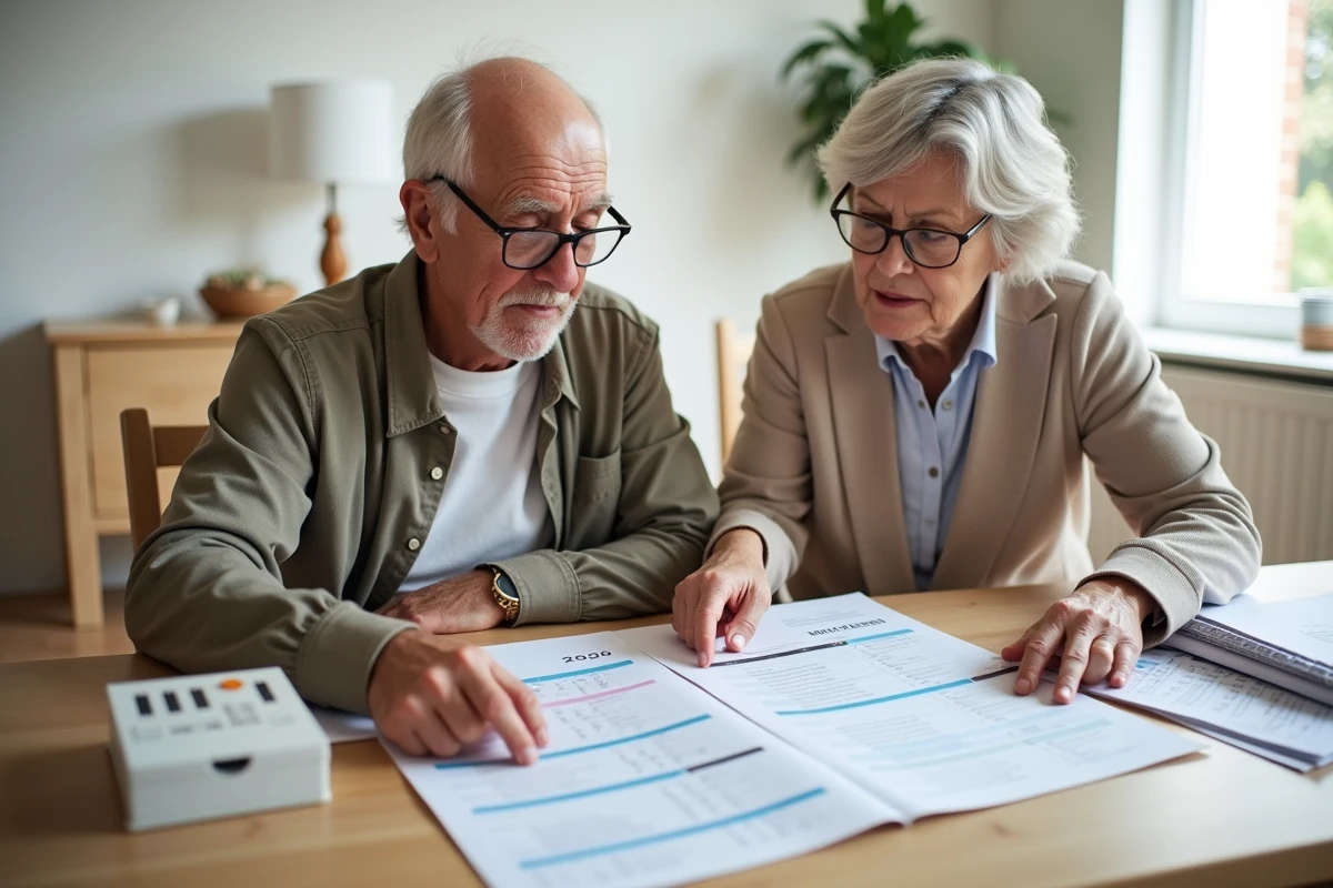 Couple de seniors planifiant leur budget retraite avec un calendrier invalidité 2026 et des documents de pension sur la table