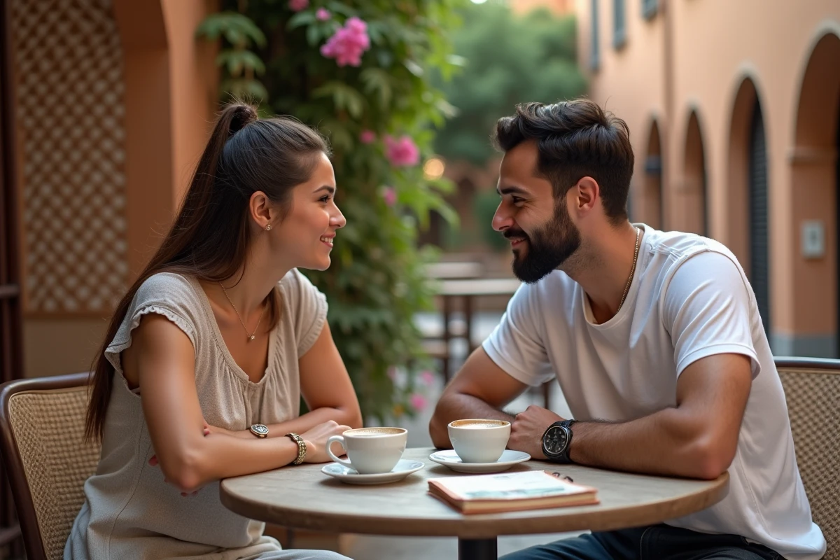 Couple consultant leur budget voyage avec des dirhams sur une table de café dans le quartier historique d'Al Fahidi à Dubaï