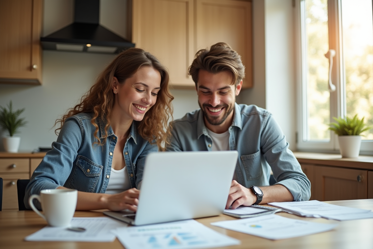 Jeune couple souriant calculant un prêt à la cuisine