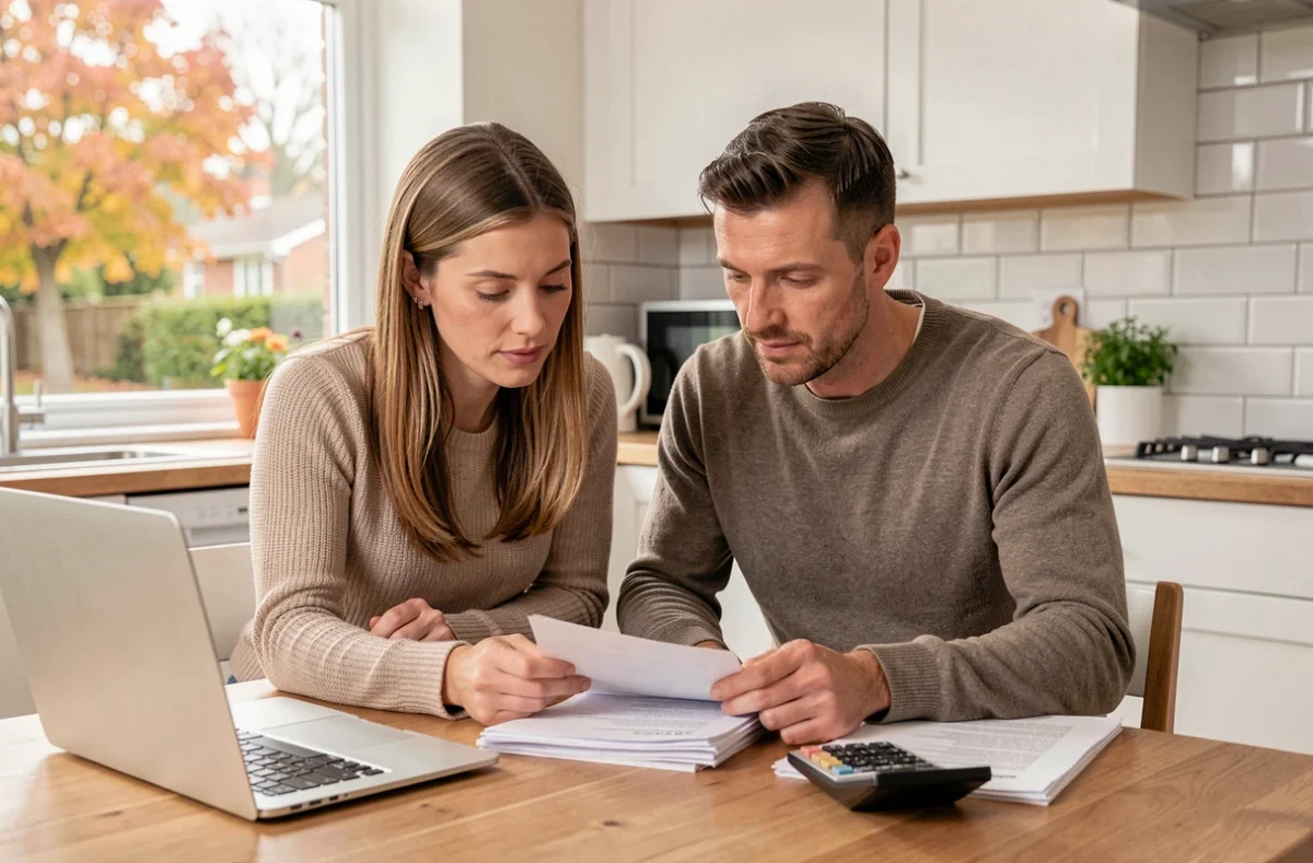 Couple examinant ensemble des documents d'assurance emprunteur et un calculateur de taux à la maison