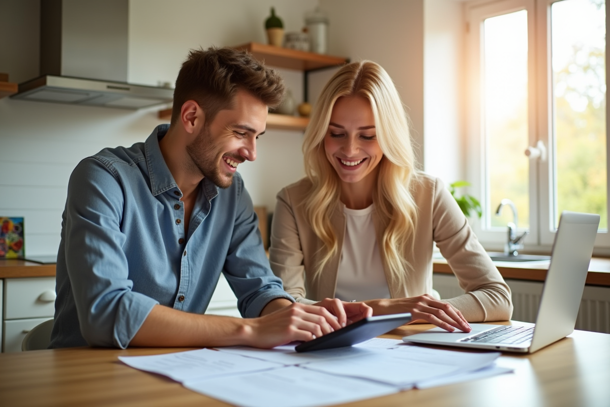 Jeune couple calculant leurs mensualités dans la cuisine lumineuse