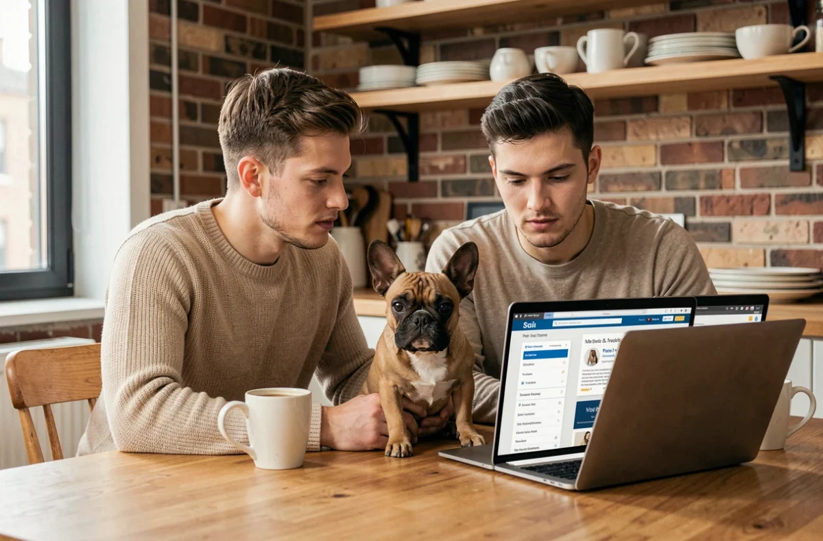 Couple comparant des offres d'assurance pour animaux sur ordinateur portable avec leur bouledogue français sur la table