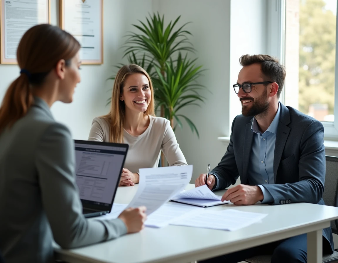 Couple de propriétaires en rendez-vous avec un conseiller fiscal pour compléter le formulaire H1 d'imposition lors d'une construction de maison individuelle