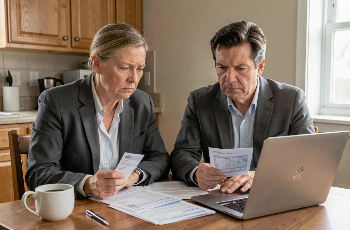 Couple de fonctionnaires examinant des relevés bancaires et un bilan financier à la maison, symbolisant les contraintes du crédit Casden