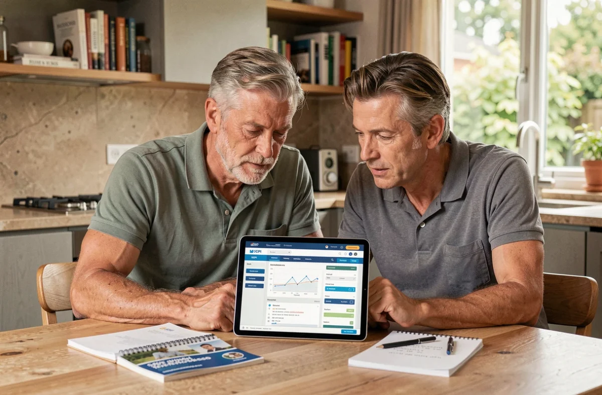Couple étudiant une plateforme d'investissement SCPI sur tablette à la table de cuisine