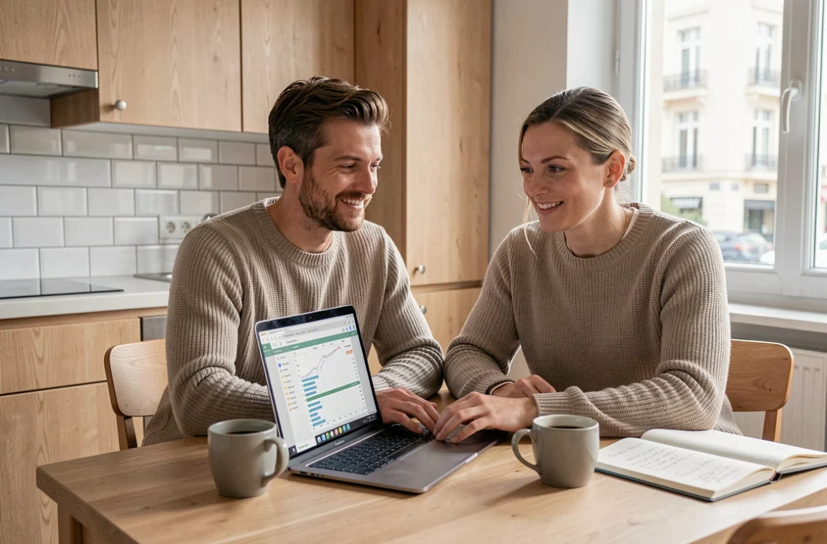 Couple consultant un tableur de prévisions d'épargne sur ordinateur portable dans leur cuisine pour planifier face à l'inflation INSEE 2026