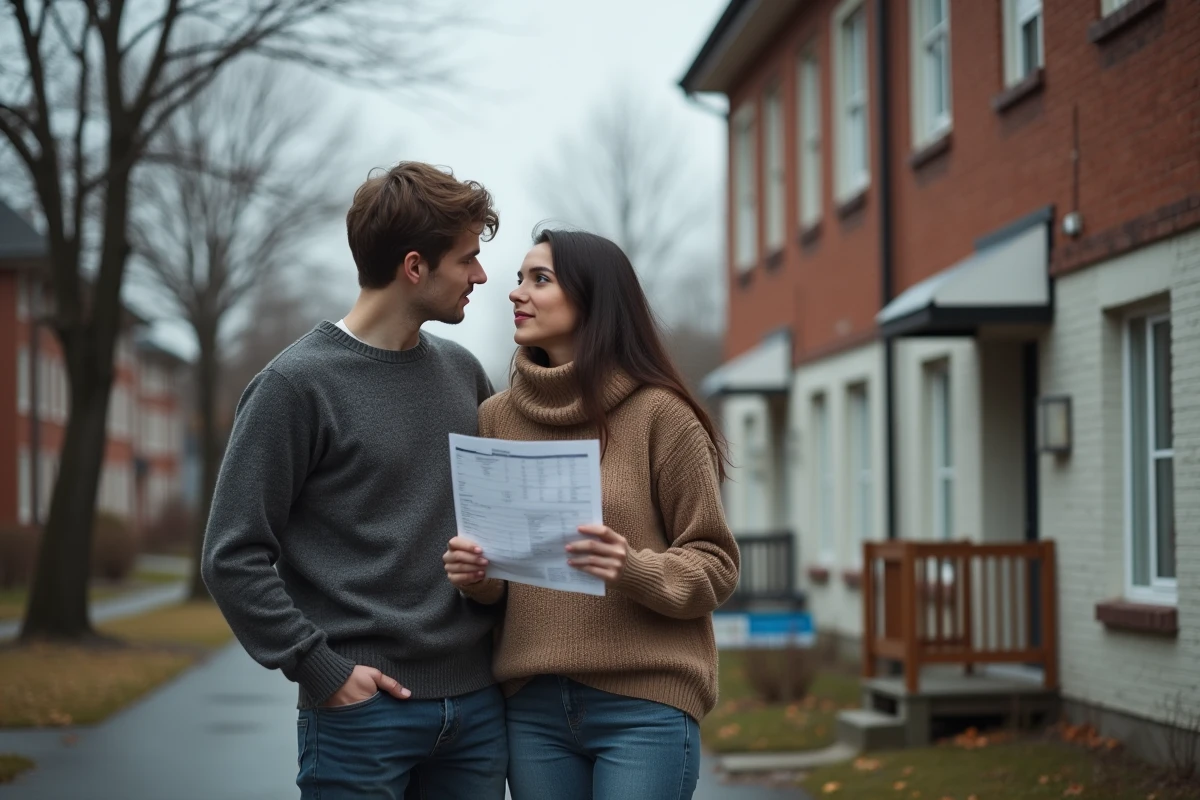 Couple de jeunes adultes devant un immeuble résidentiel avec un document de financement pour un premier achat immobilier