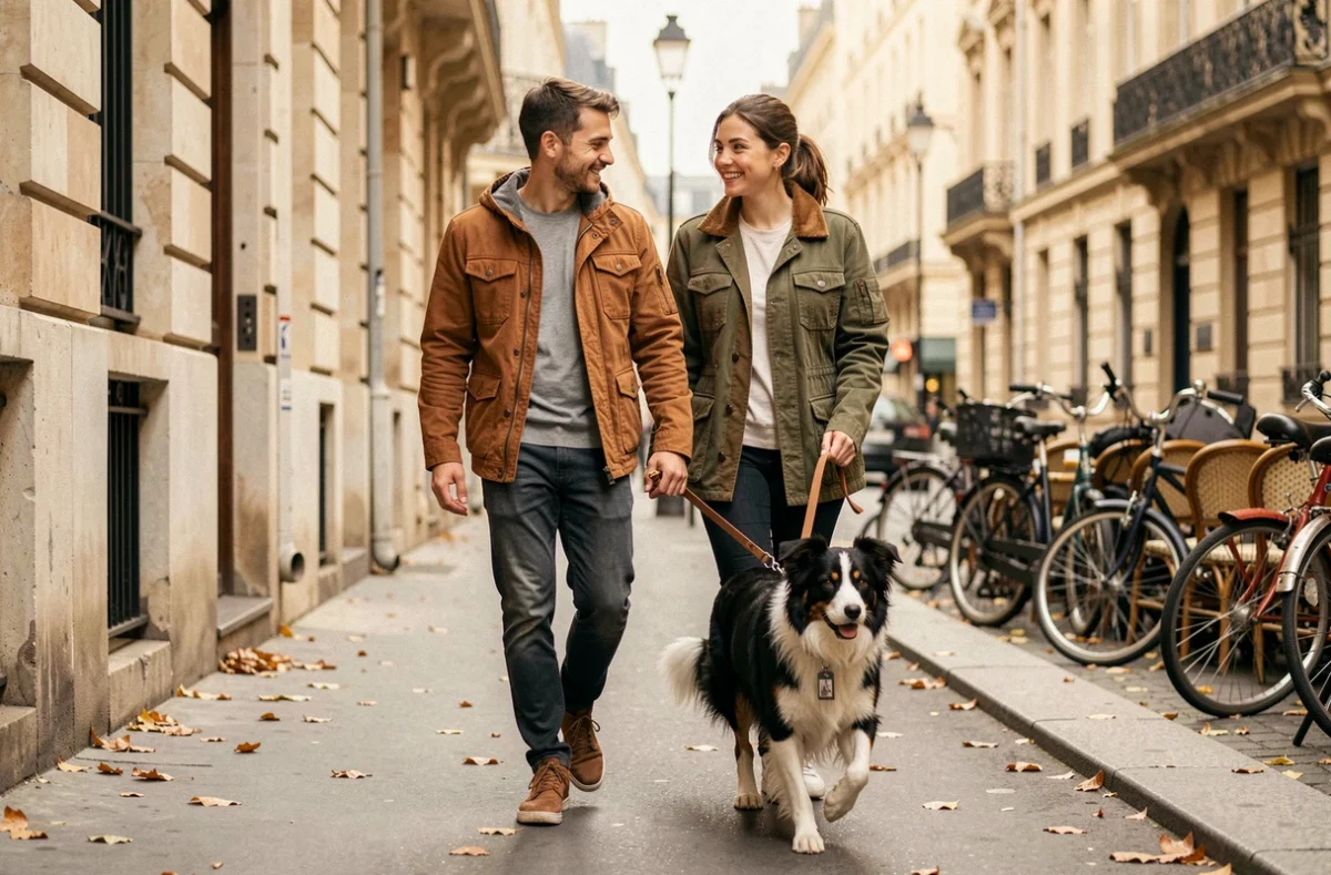 Couple promenant son border collie en laisse dans les rues de Paris en automne