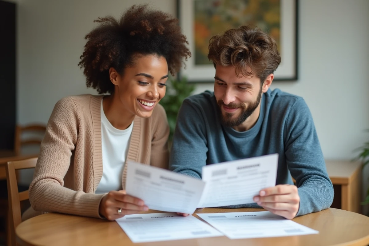 Couple examinant ensemble des relevés de compte bancaire à une table à manger
