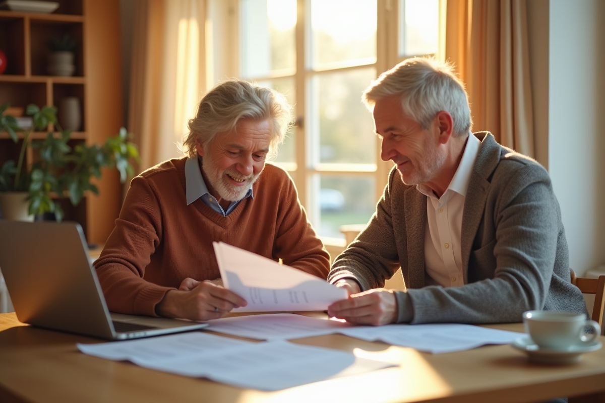 Couple retraité heureux examinant leurs papiers de pension à la maison