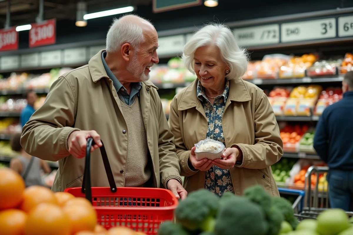Couple de retraités comparant les prix dans un supermarché, symbolisant les arbitrages budgétaires liés à la prime pouvoir d'achat 2026