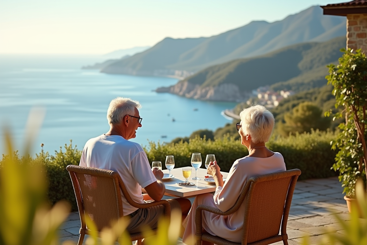 Couple retraité profitant de la vue sur la mer Méditerranée