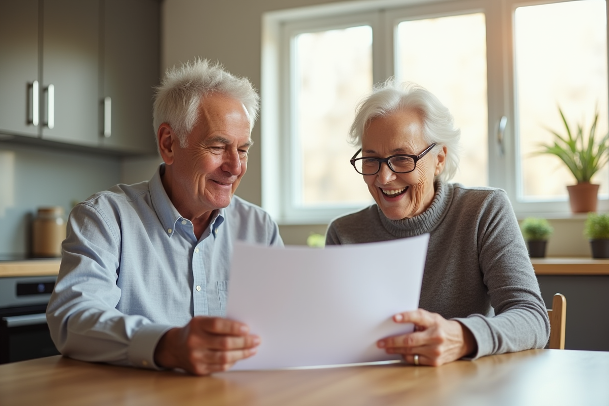 Couple senior souriant avec documents d'assurance