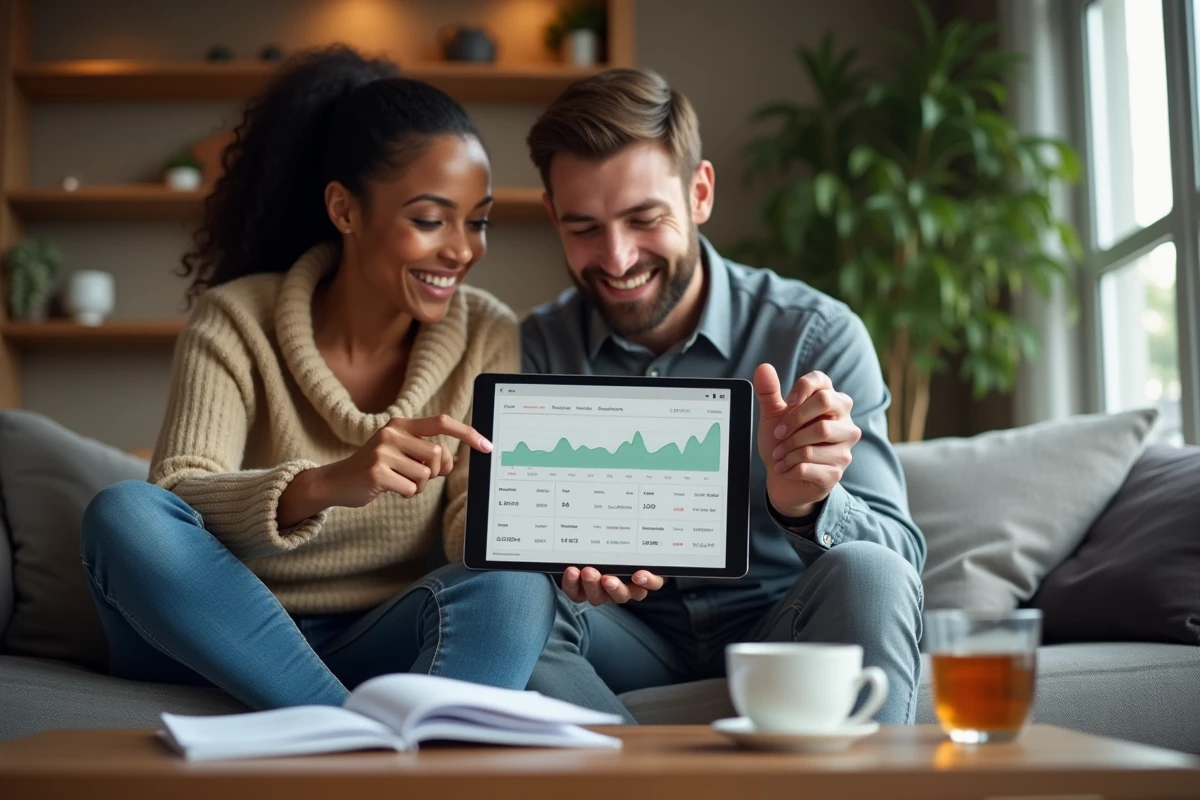 Couple consultant ensemble une application de budget sur une tablette dans leur salon