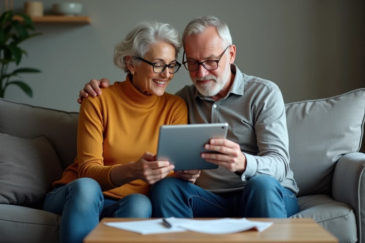 Couple consultant les options de report et suivi de crédit Cofidis sur une tablette numérique dans leur salon