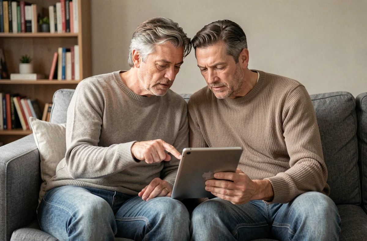 Couple consultant une tablette sur le canapé pour trouver le bon contact Cetelem