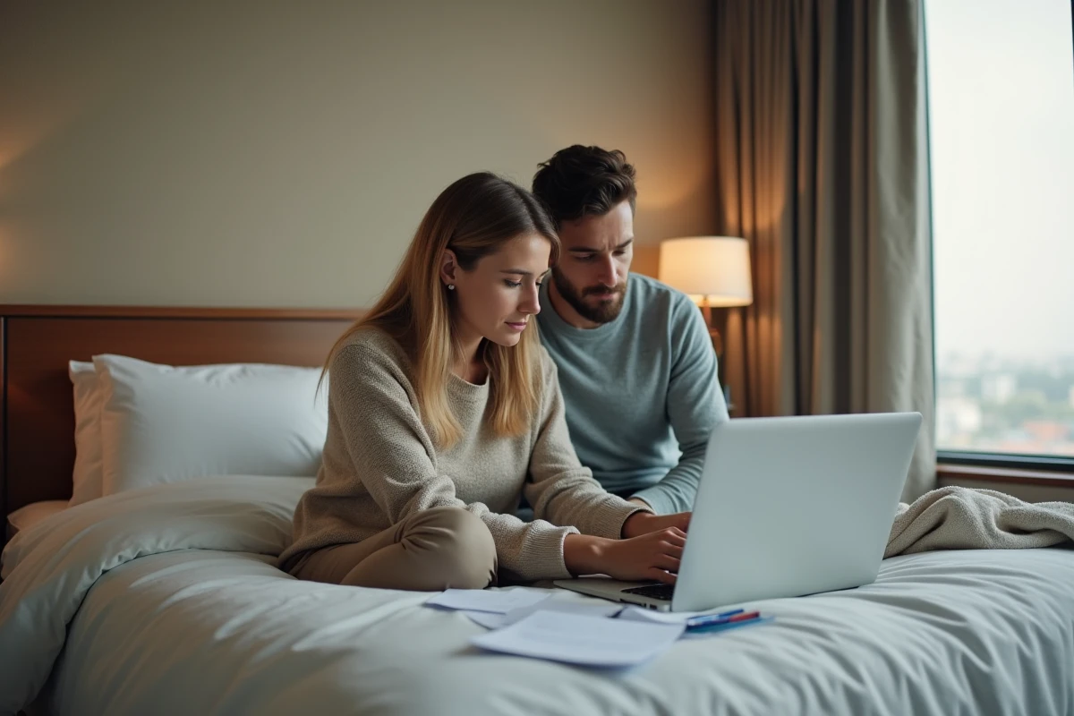Couple vérifiant leurs dépenses de voyage sur un ordinateur portable dans une chambre d'hôtel avec reçus et documents étalés sur le lit