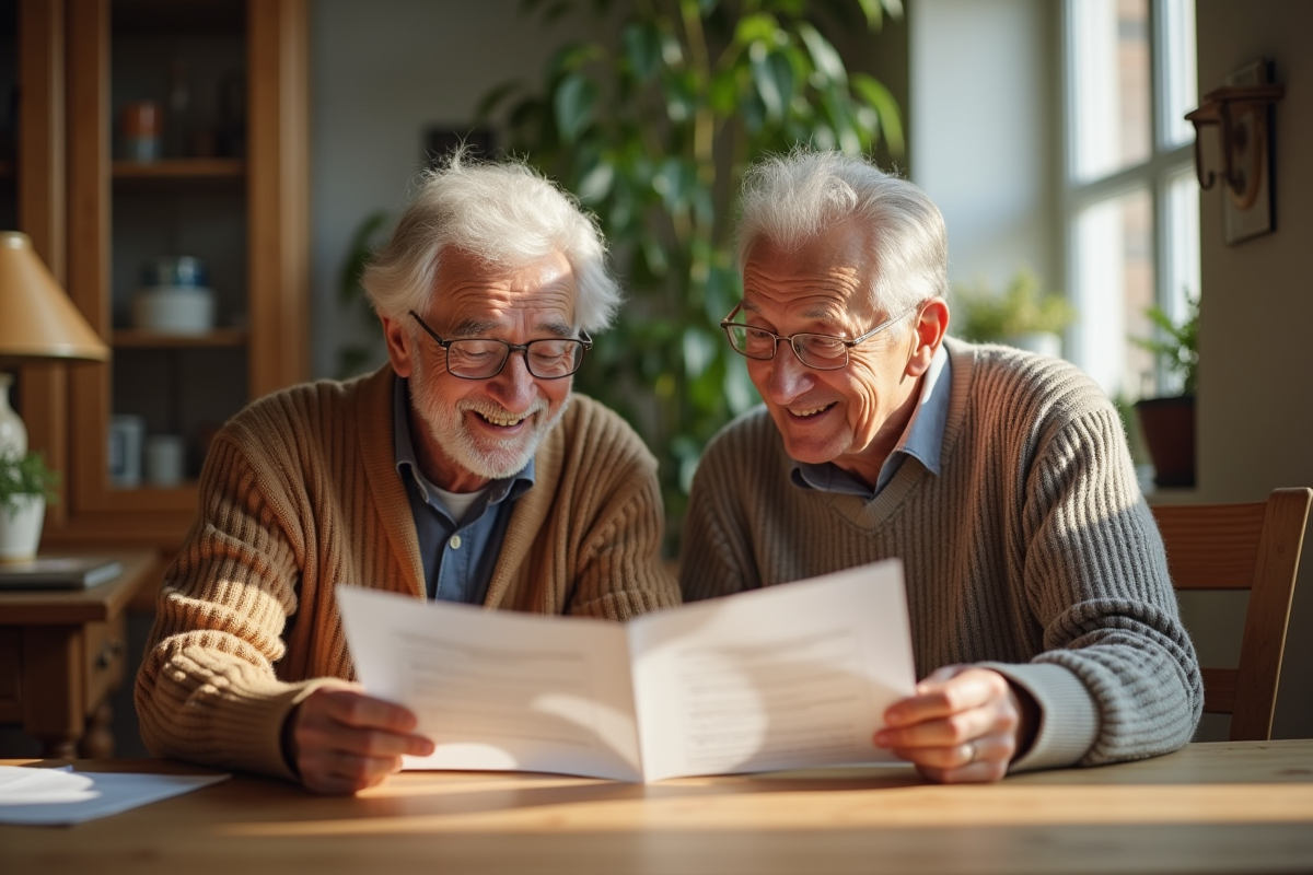 Couple âgé examinant des documents financiers à la maison