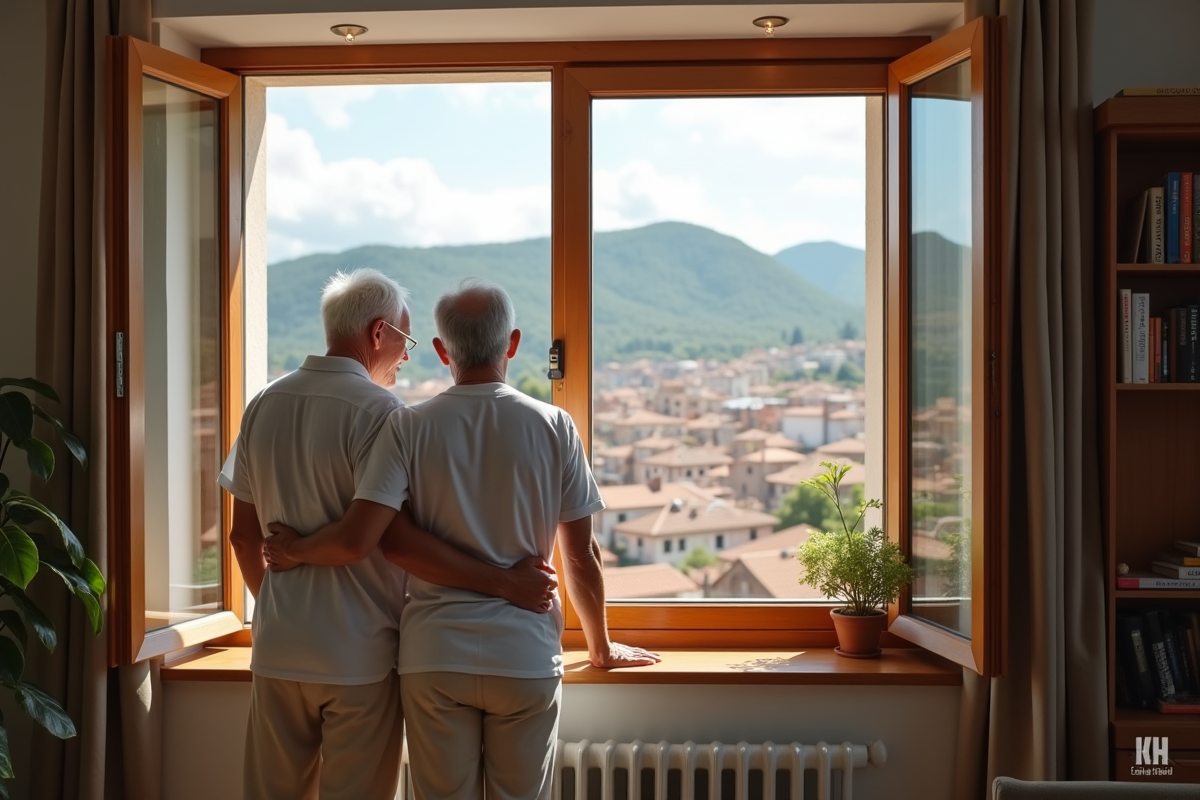 Couple mature regardant la ville depuis une fenêtre