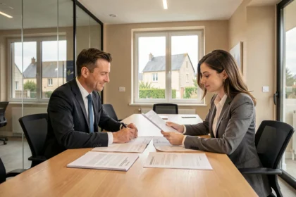 Consultation entre un courtier immobilier et ses clients dans une agence professionnelle de l'Aisne