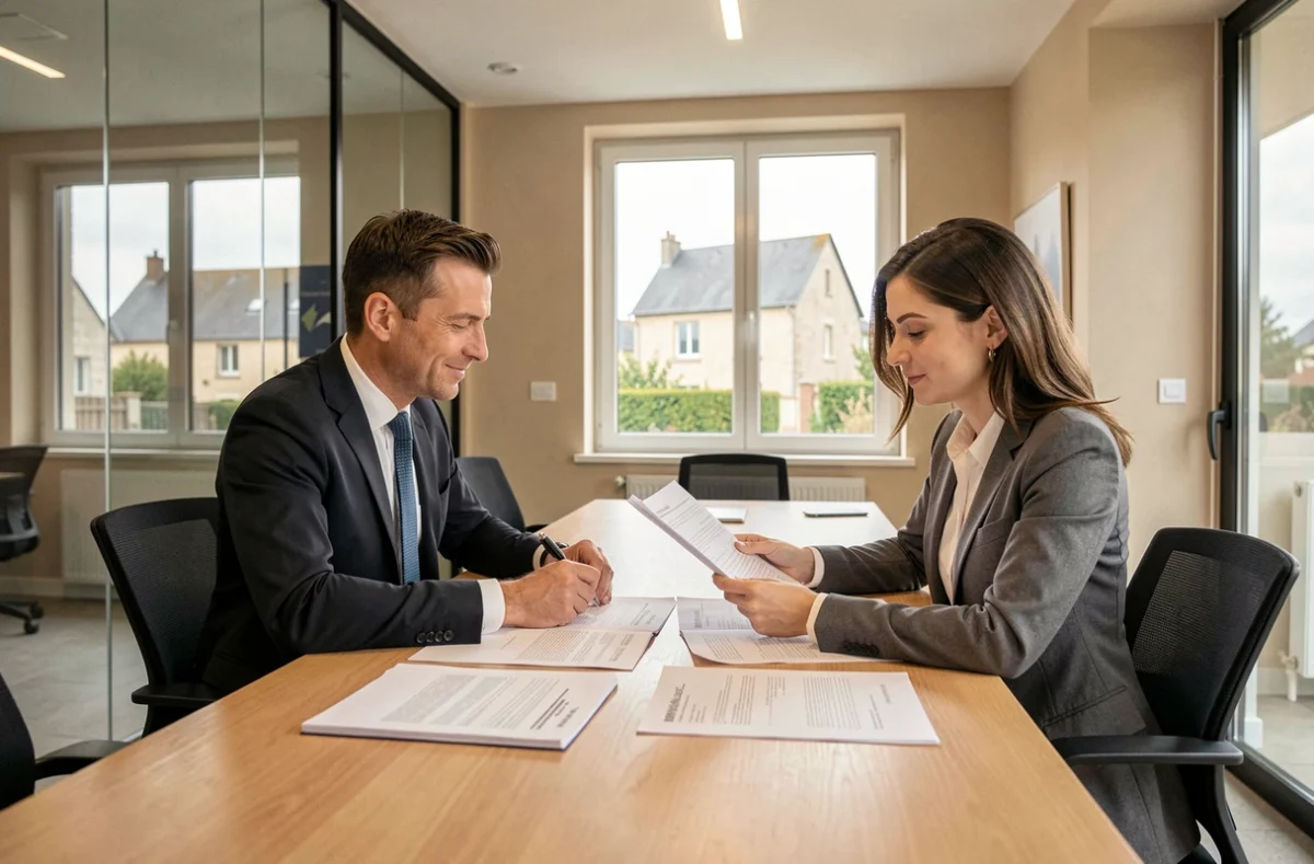 Consultation entre un courtier immobilier et ses clients dans une agence professionnelle de l'Aisne