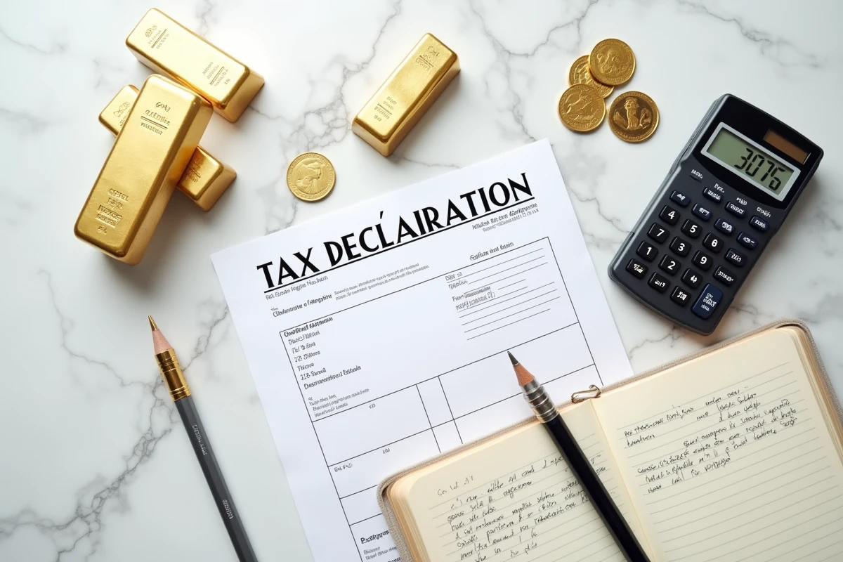 Vue aérienne de lingots d'or 24 carats posés avec une déclaration fiscale française et une calculatrice sur marbre blanc